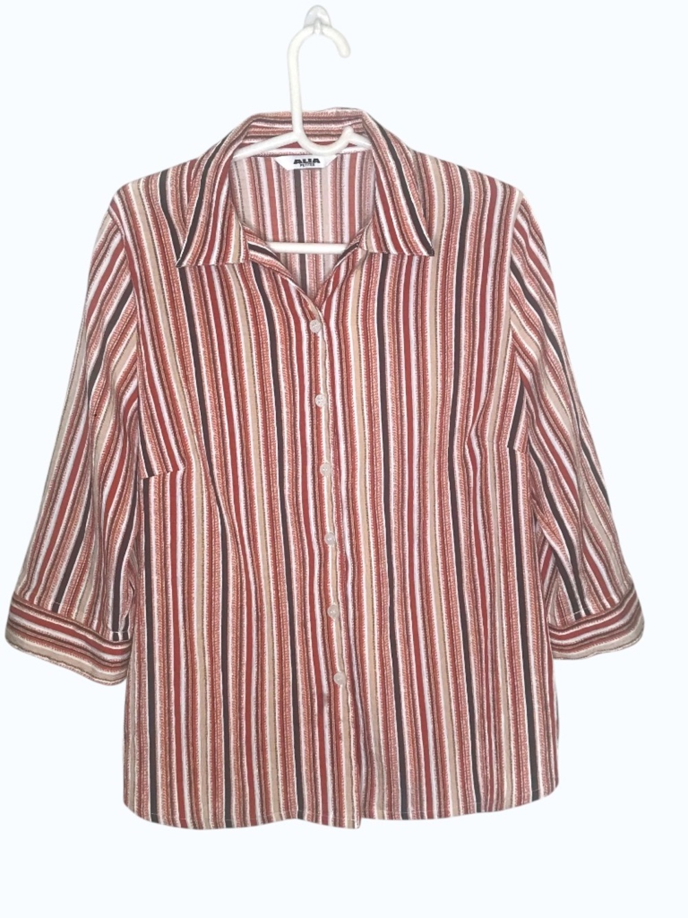 Alia Petites Women’s Striped Button Front Blouse 3/4 Sleeve